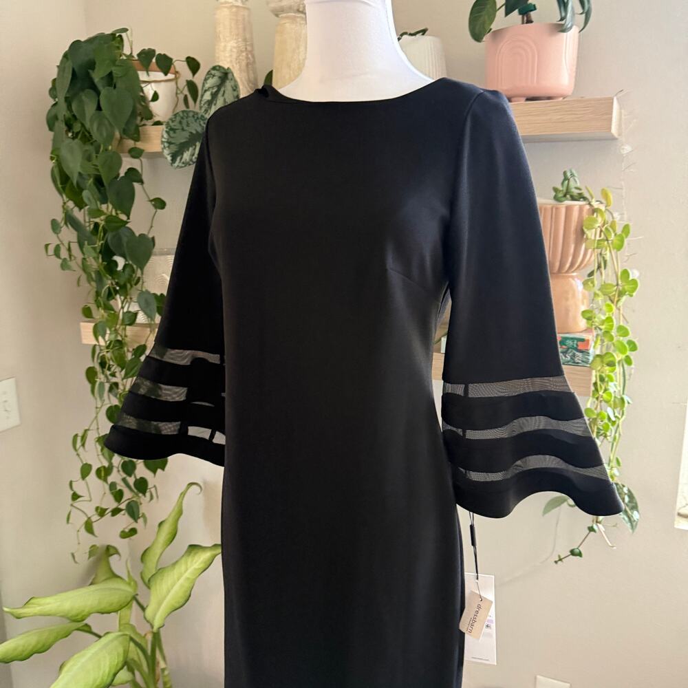 NWT Calvin Klein Black Bell Sleeve Sheer Stripe Sheath Midi Dress 6 Cocktail - Picture 5 of 10